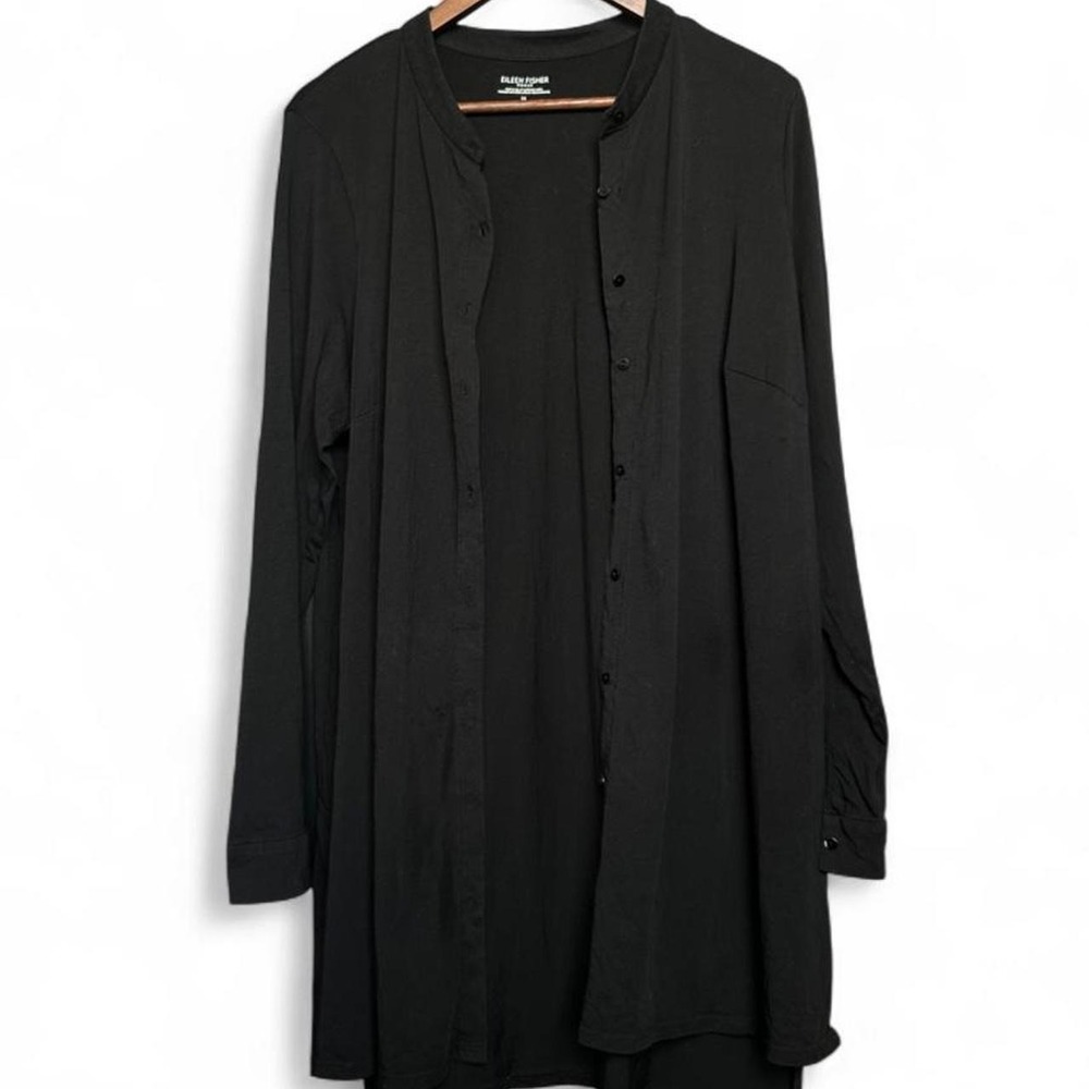 Eileen Fisher 100% Organic Cotton Black Button Down Tunic Shirt Dress XL